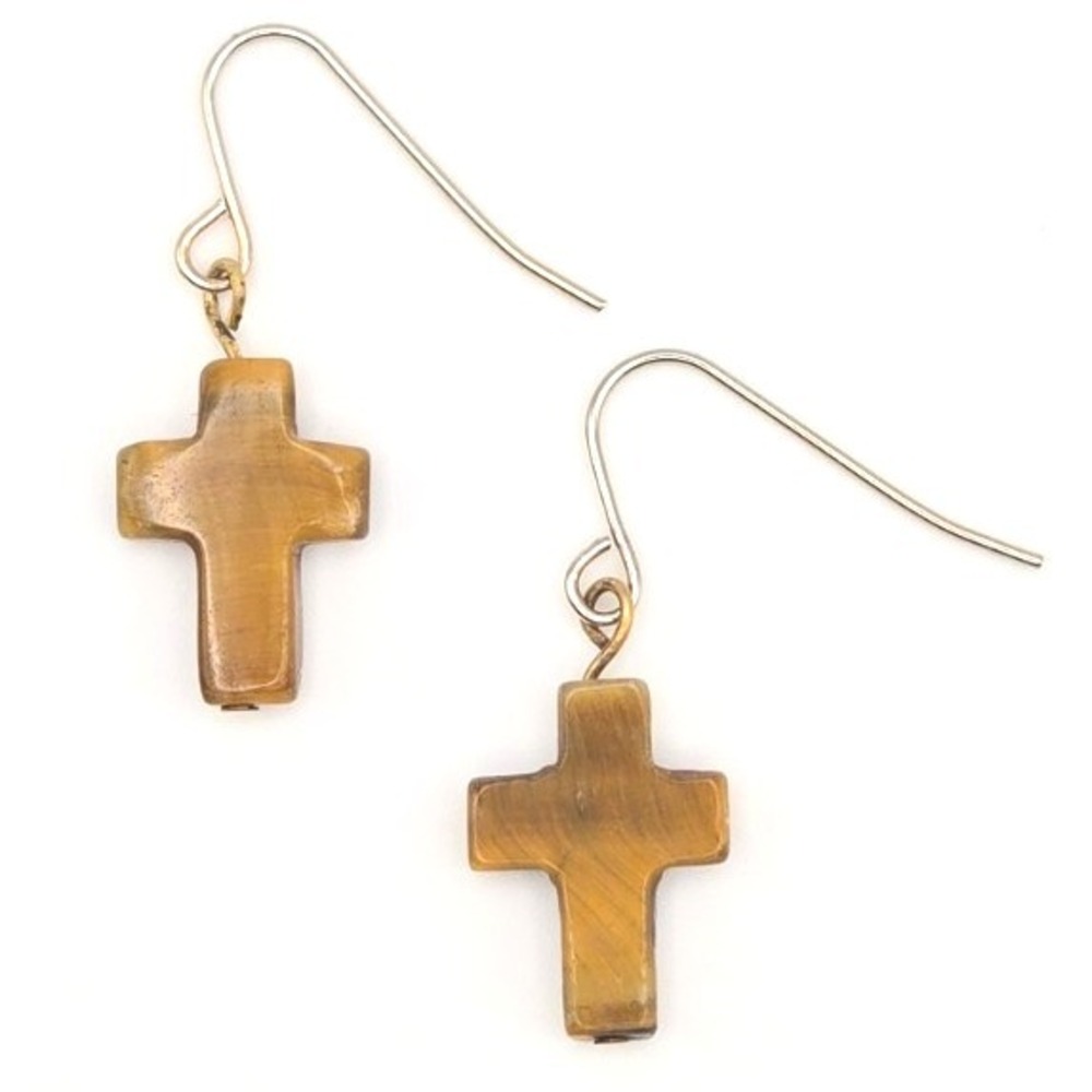 Handmade Tiger Eye Stone Cross Dangle Earrings Natural Gemstone Boho Silver Tone